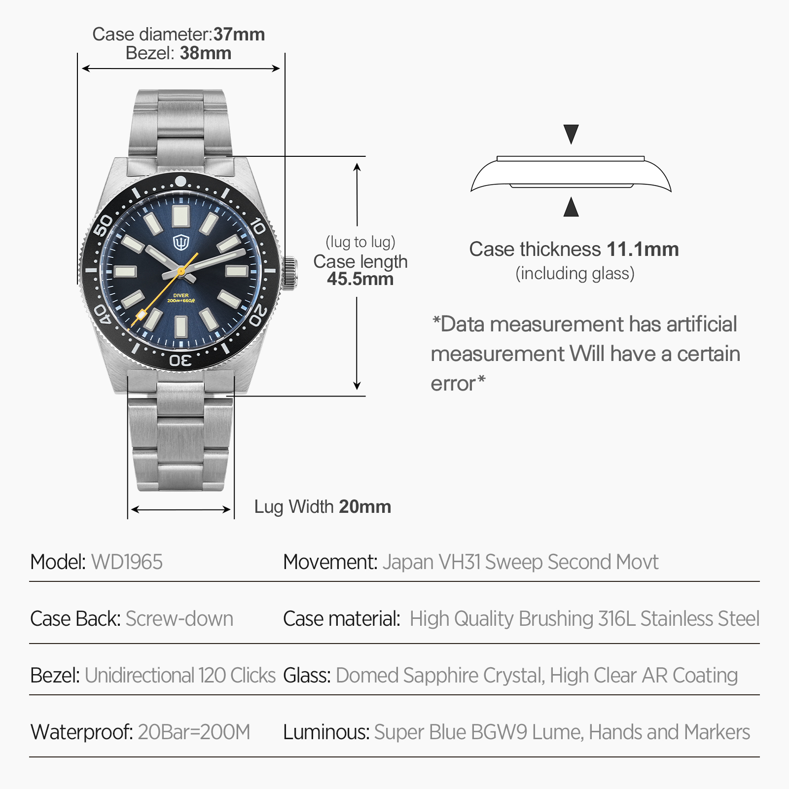 Watchdives 37Mm WD1965 V2 Man  - Luxury Watch Safe recensie en prijs